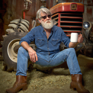 Mike Writer, a small, slim 61-year-old rancher with a beard and shoulder-length hair, wearing glasses, a crumpled straw cowboy hat, work shirt, jeans, cowboy boots and holding a large coffee mug. He\'s leaning against an antique farm tractor.
