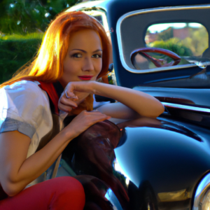 Molly, a beautiful redhead sits on her classic car, with a lot of details