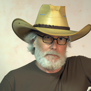 Mike, a bearded 61-year-old writer wearing glasses, a straw cowboy hat and T-shirt